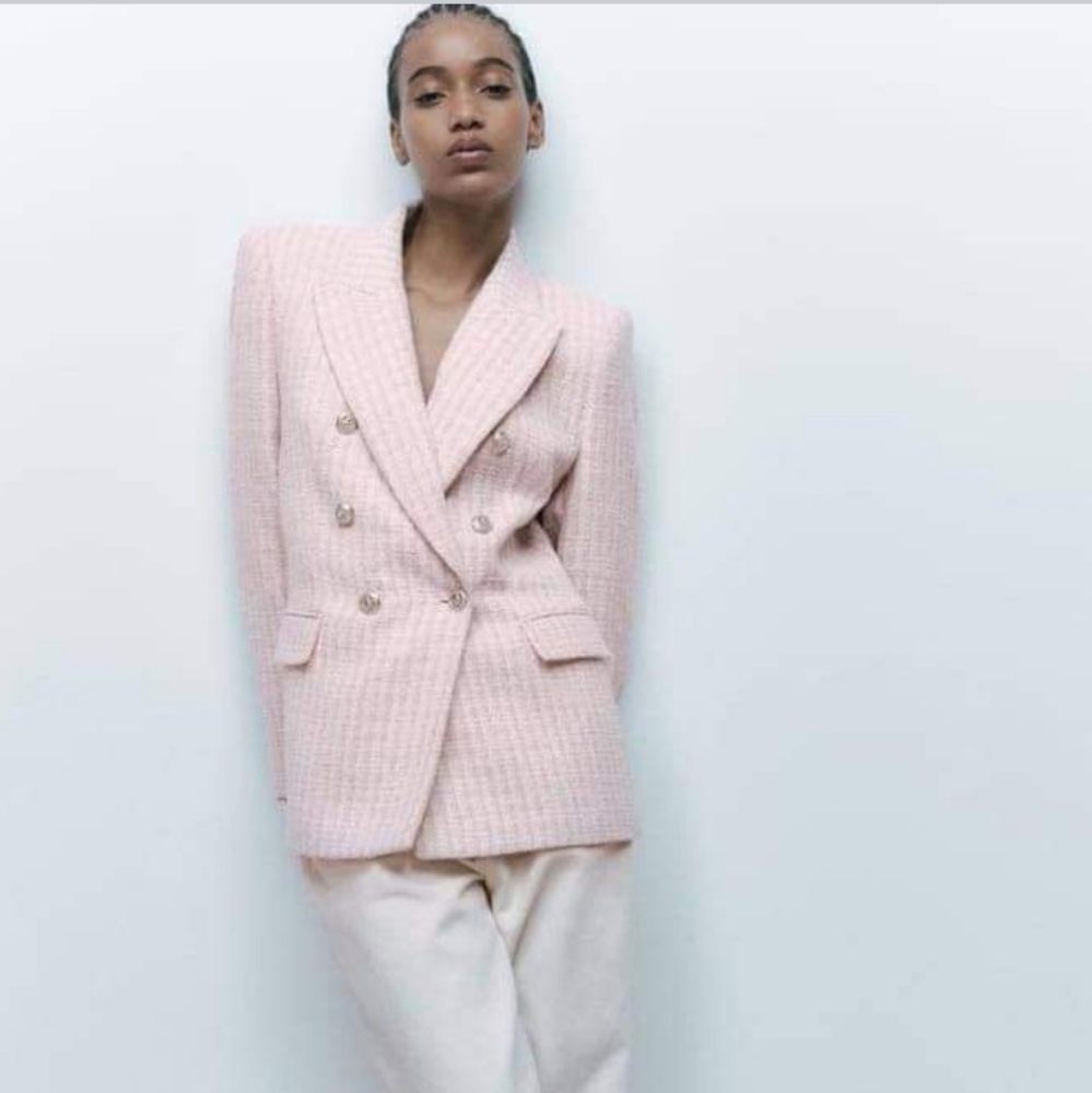 Zara Pink Tweed Double-Breasted Blazer - Picture 6 of 14